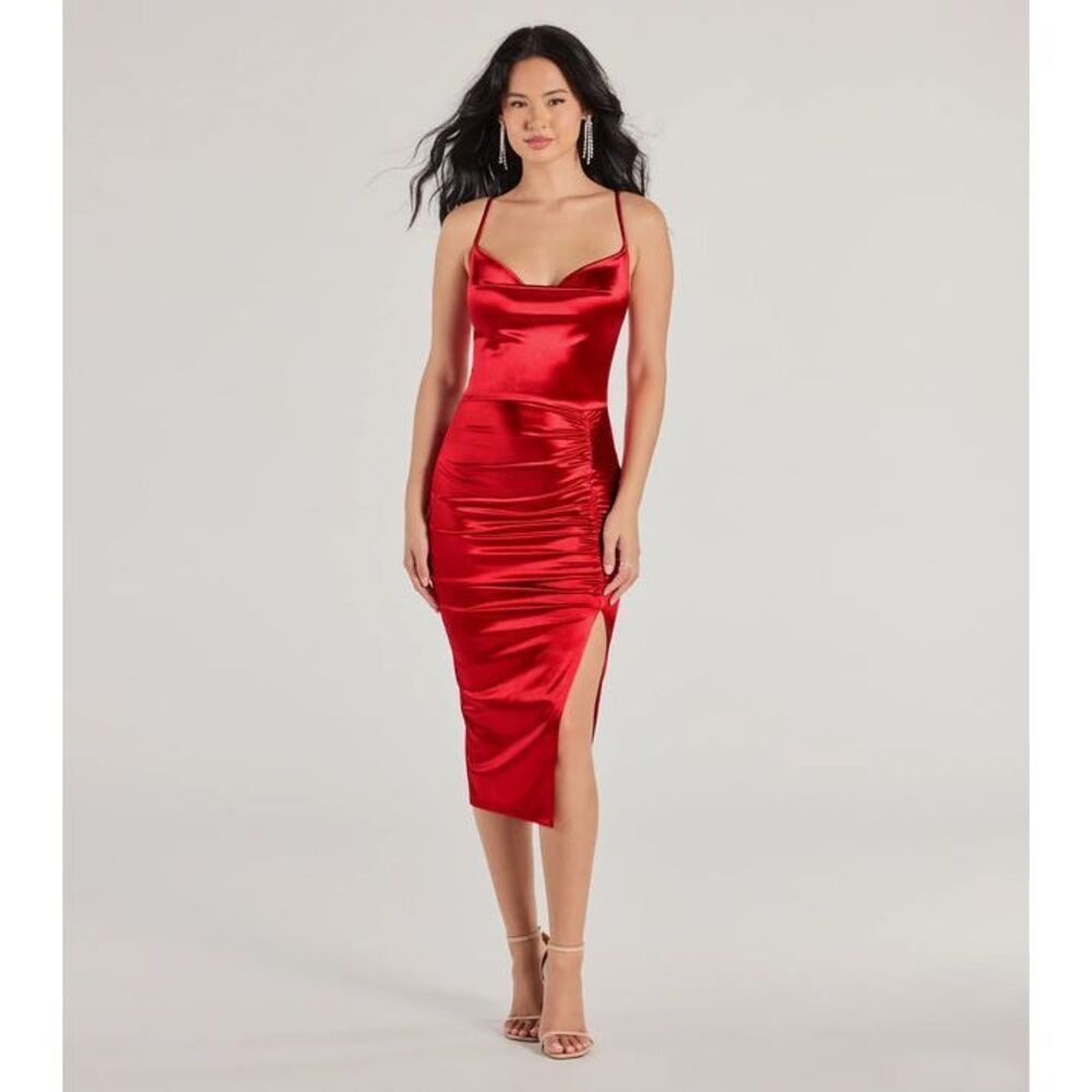 Windsor Nadine Satin Cowl Neck Bodycon Midi‎ Side Slit Cocktail Party Evening S